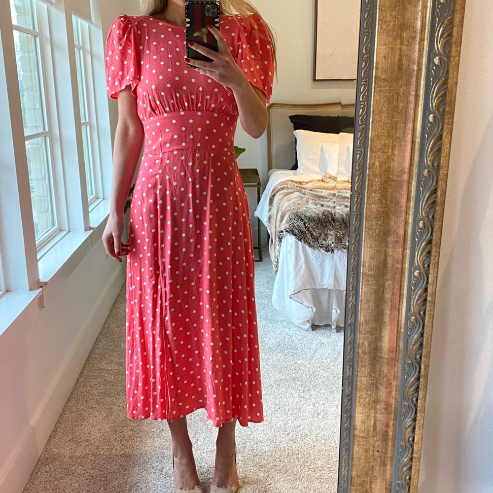 Afrm Los Angeles Smocked coral pink polka dot dress, size S , new w / tag